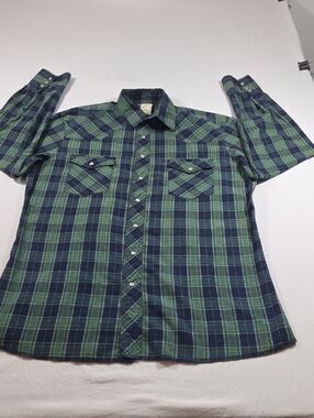 Wrangler Men's Green Navy Plaid Pearl Snap Button Wrangler Long Sleeve Rodeo